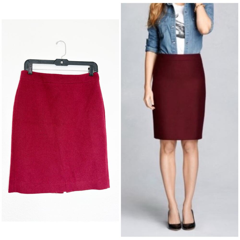 J. Crew Burgundy Wool Skirt Size 2 Maroon Pencil Classic Chic Vintage